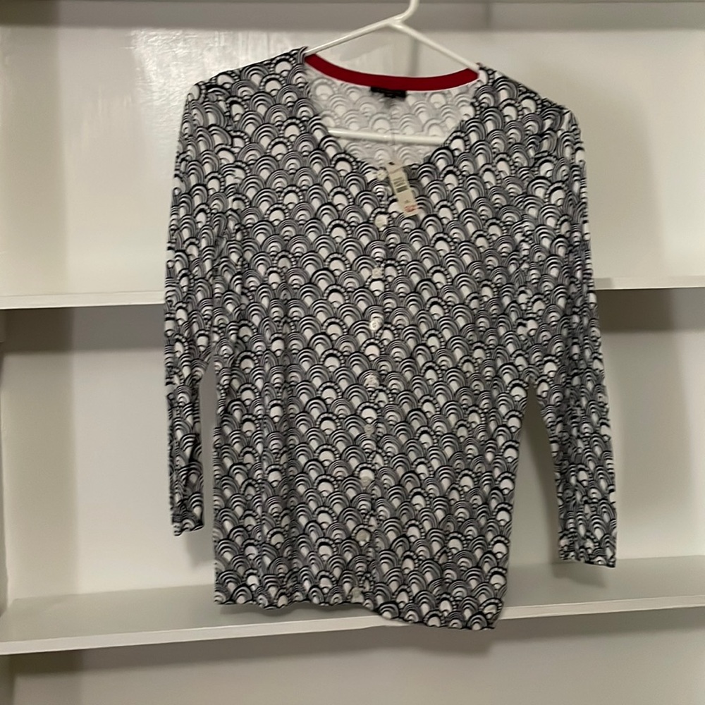 Talbots XS Cotton/Rayon Blend Light Cardigan, white/black print, New with tags